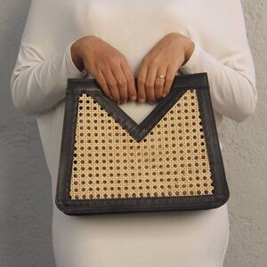 Black and Tan Rattan Woven Women's Bag